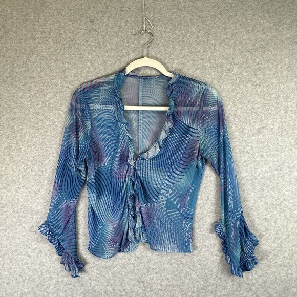 Blue Abstract Mesh Disco Top Size XS Crop Button Front Long Ruffle Flare Sleeve - Picture 1 of 10
